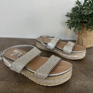 ANDIAMO Silver Rhinestone flatform Espadrille Sandals Womens Sz 8.5 Bling Shoes
